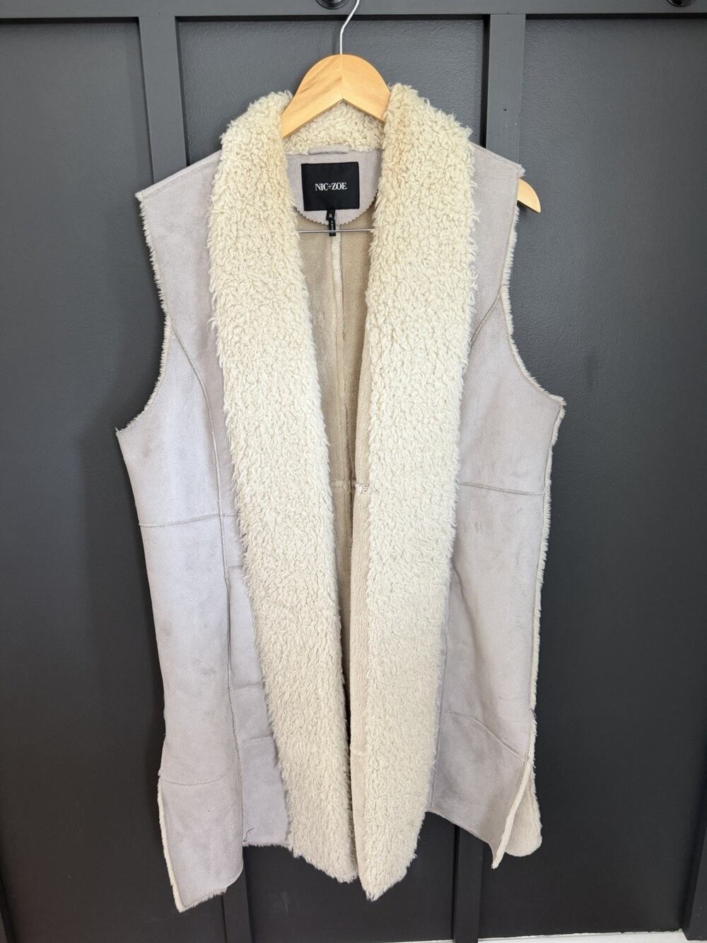 NIC+ZOE Taupe Faux Suede Long Vest Sherpa Collar Women’s Size XL Open Front